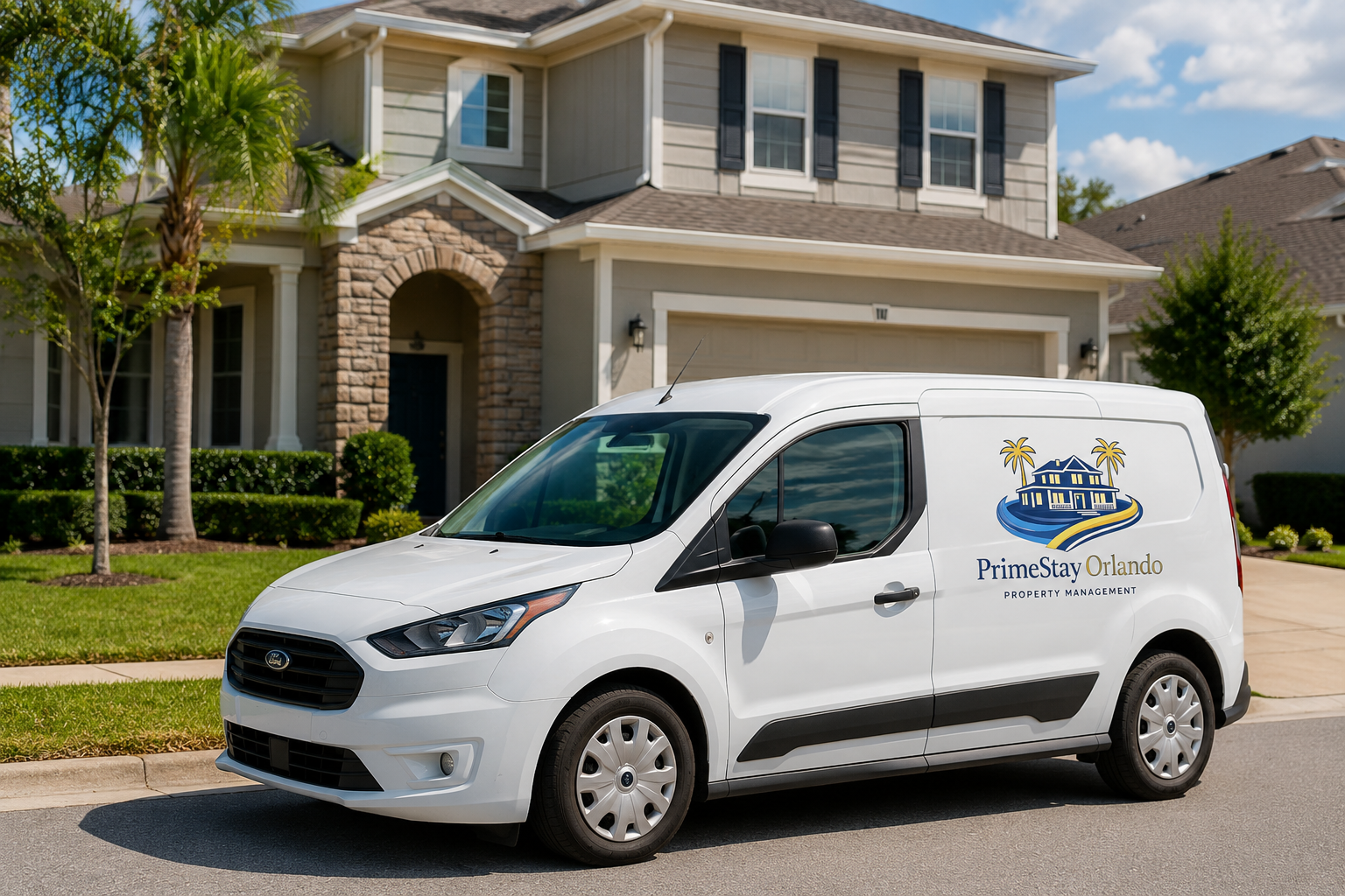 PrimeStay Orlando branded vehicle in front of a managed vacation rental home