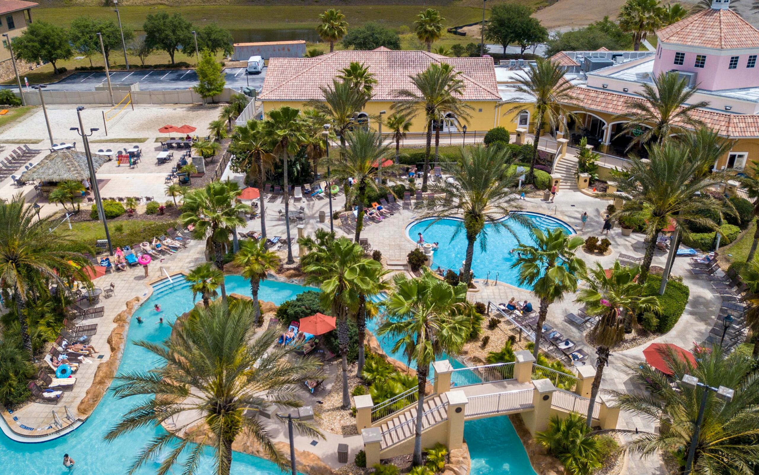 Aerial view of Regal Palms Resort pool and lazy river in Davenport, Florida